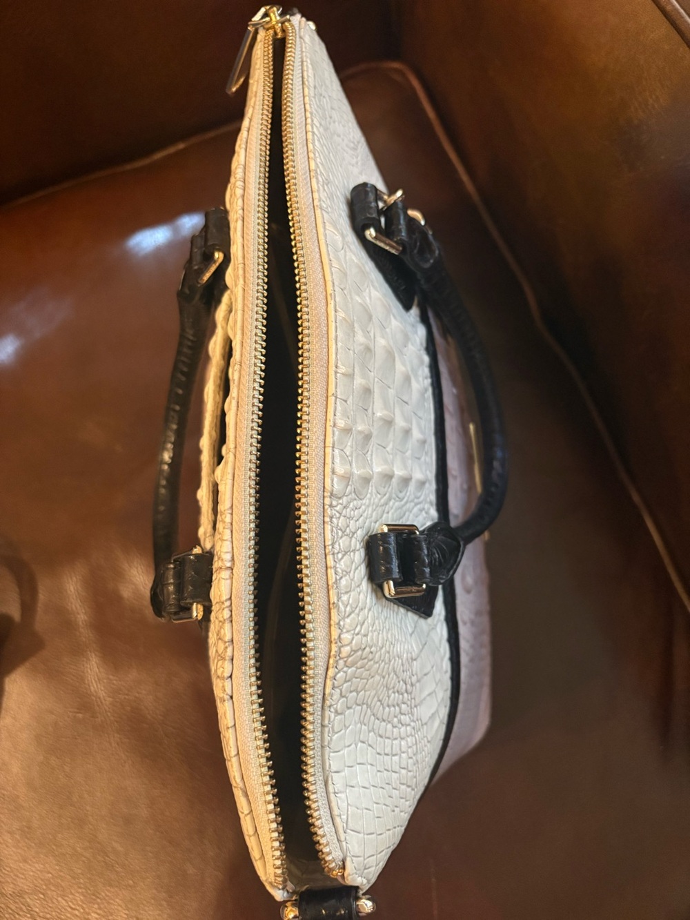 Brahmin Cream Croc-Embossed Duxbury Satchel with Black Trim and Tassel - Picture 7 of 13